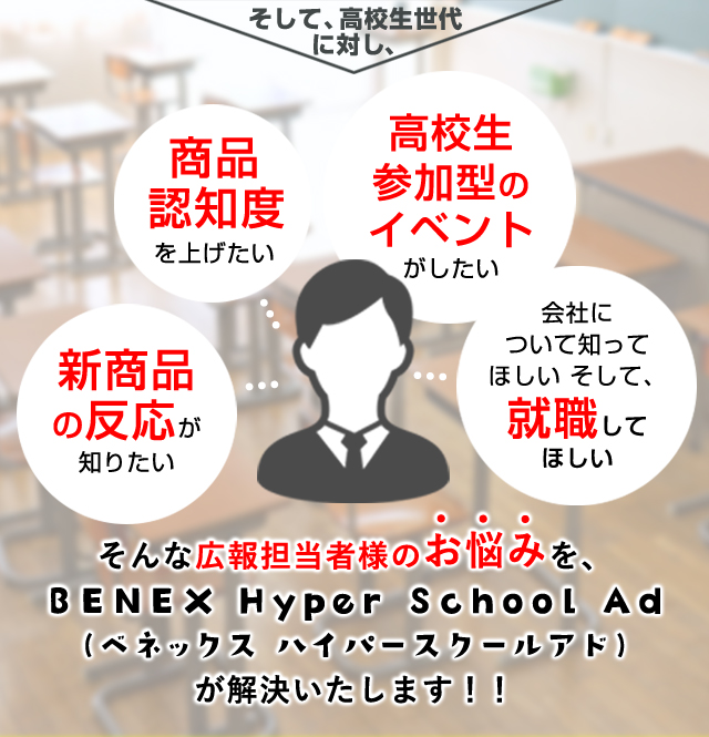 そんな広報担当者様のお悩みを、BENEX Hyper School Ad(べネックス ハイパースクールアド)が解決いたします！！